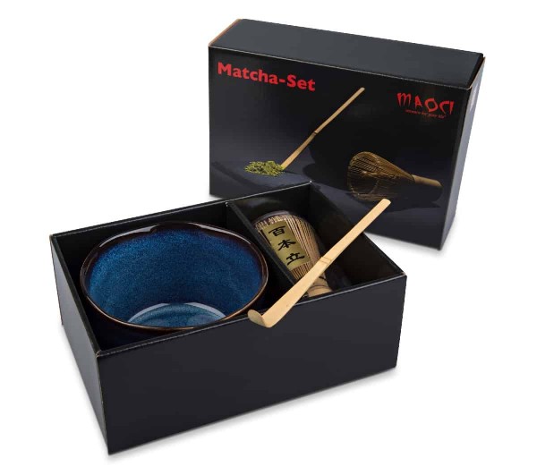 Maoci - Matcha Teeset dreiteilig (blau) - Geschenkkarton