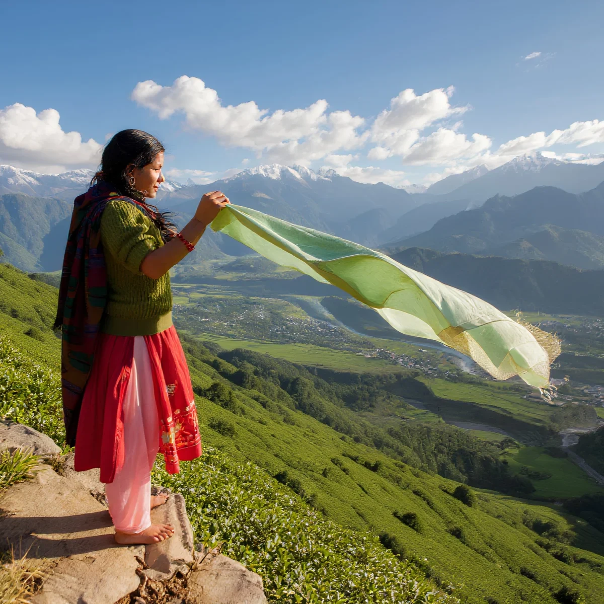 Bild: Teeanbau in Nepal - Frau steht am Rand von Plantage