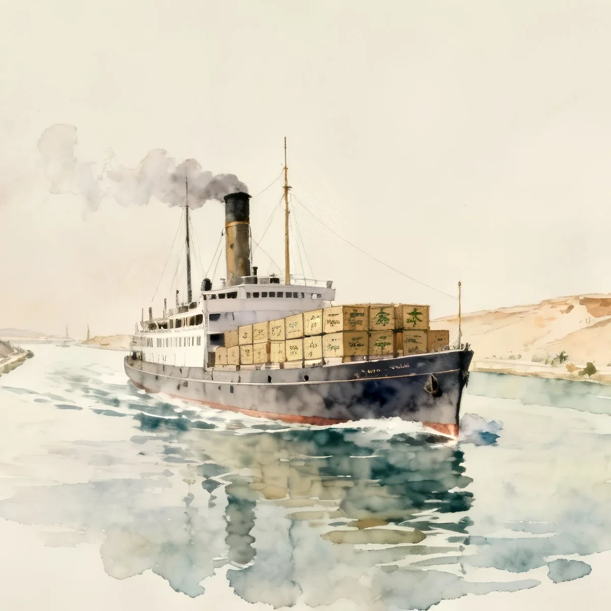 Illustration: Dampfschiff beladen mit Tee im Suez Kanal