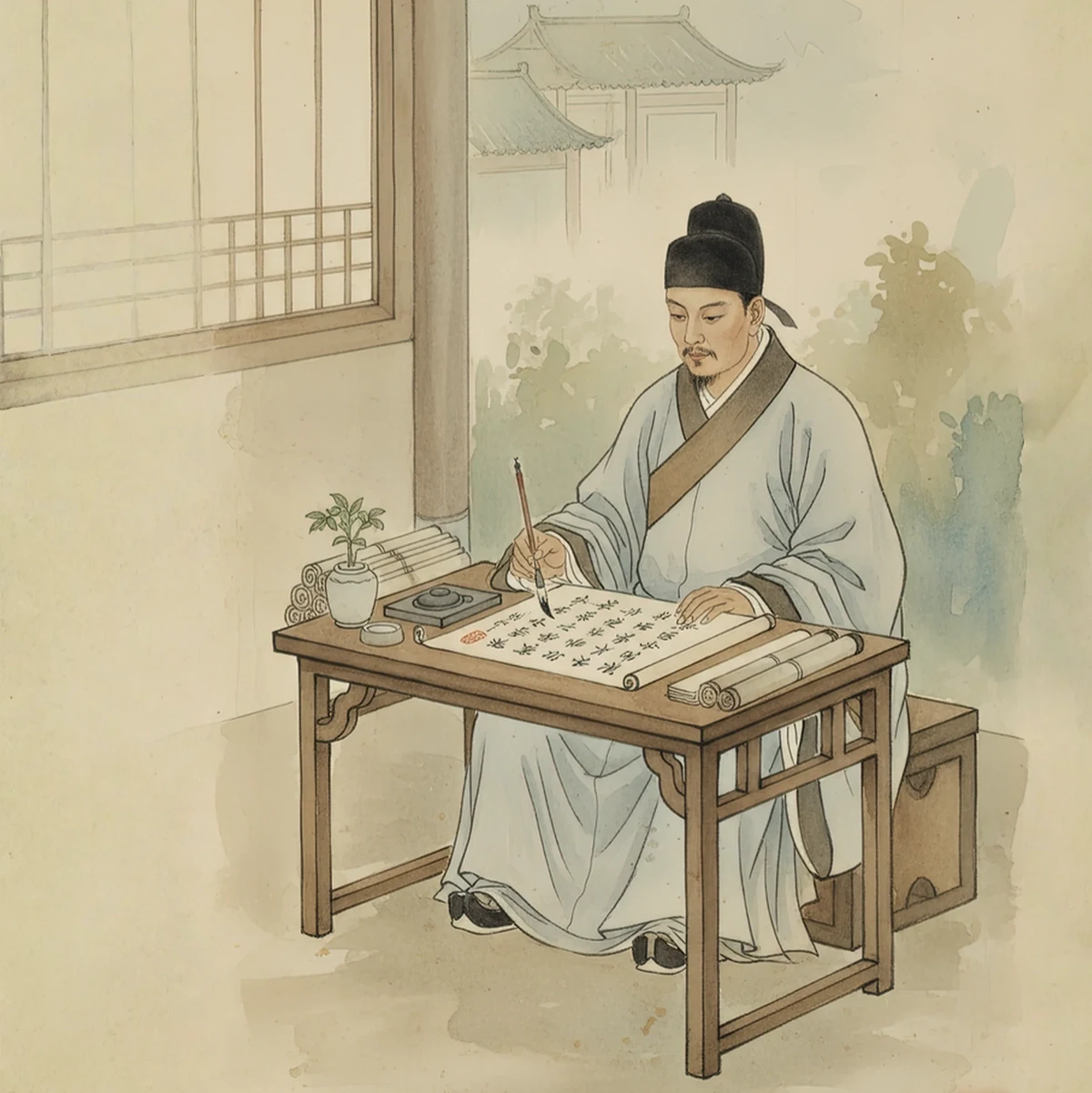 Illustration der chinesische Geleerte Lu Yu verfasst das Buch Chajing