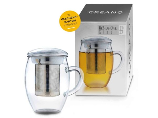 Creano Teeglas All-in-One 0,4l Edelstahl-Sieb