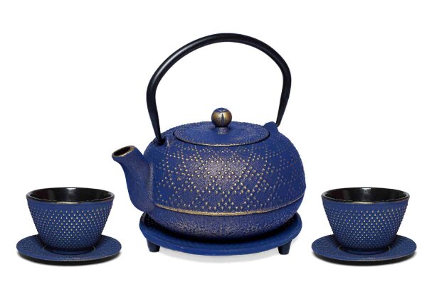 Teeset Akita 0,7l blau-gold + Becher und Untersetzer