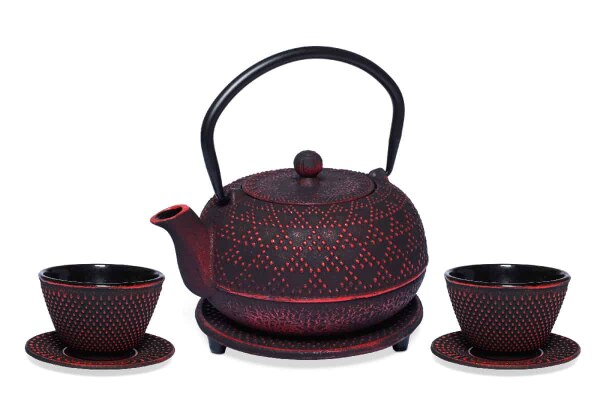 Teeset Akita 0,7l schwarz-rot + Becher und Untersetzer