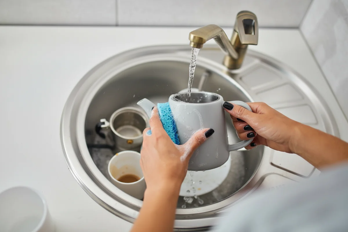 Bild: Eine Frau reinigt eine Teekanne in der Spüle mit Wasser